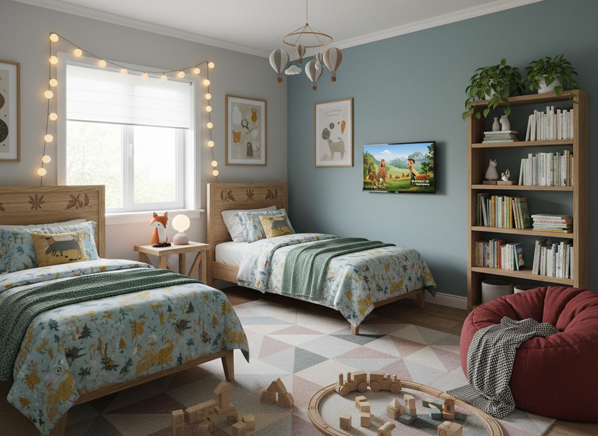 Kinderzimmer mit zwei Einzelbetten und eigenem TV