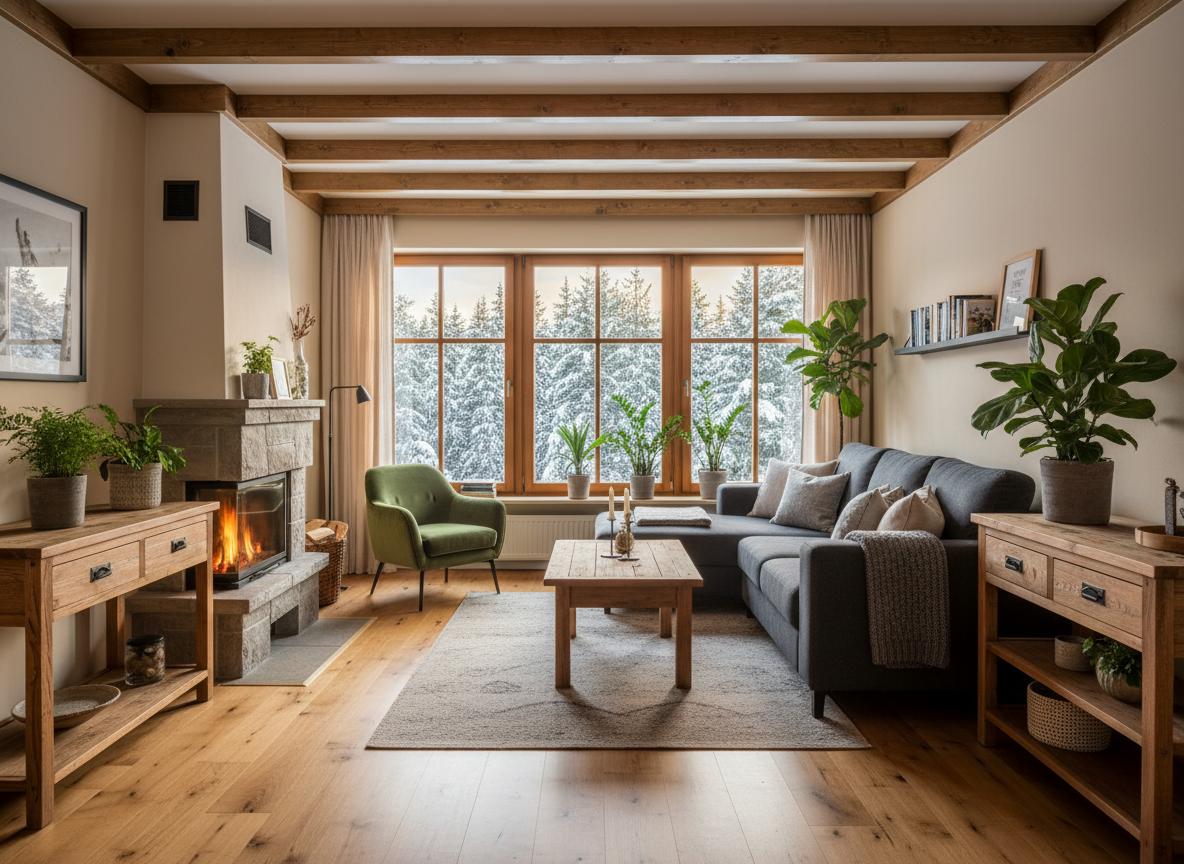 Gemütlicher Wohnbereich der Ferienwohnung mit großem Sofa und Smart-TV